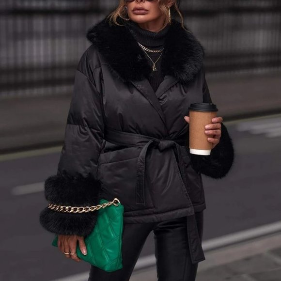 Faux fur Collar Belted Puffer Coat jacket contemporary minimalist - Picture 3 of 6